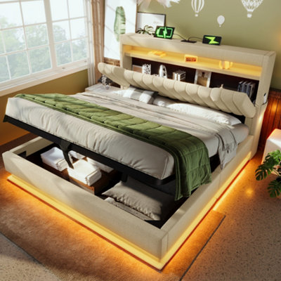 Btm 5Ft Upholstered Hydraulic Bed 150X200CmLed LightingUsb CStorage HeadboardLinenBeige (No Mattress) from B&Q