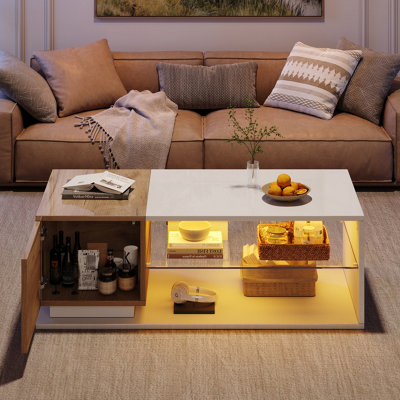 BTM Coffee Table 105X50X33CmHigh Gloss Centre Table With Led   Open Storage1 DoorWhite WoodMdf Glass