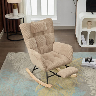 B&Q -  Fabric Rocking Chair With Adjustable Footrest And HeadrestWooden LegsSide PocketsBrown