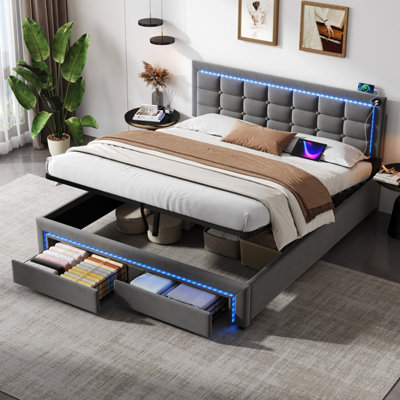 Btm 4Ft6 Double Velvet Bed With Hydraulic   Drawer StorageLed Tufted Headboard With Charging StationGrey from B&Q