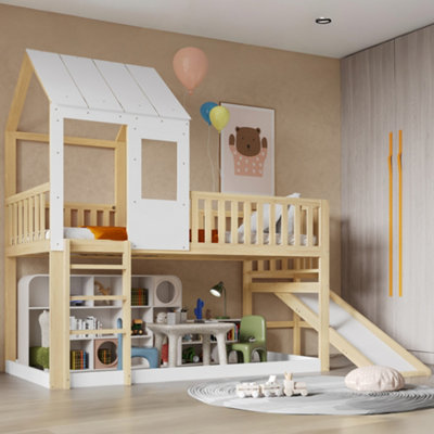 Btm Kids High Sleeper Bed 3Ft Single Wooden Bed Frame With Slide Roof And Windows Storage Space White 90X190Cm from B&Q