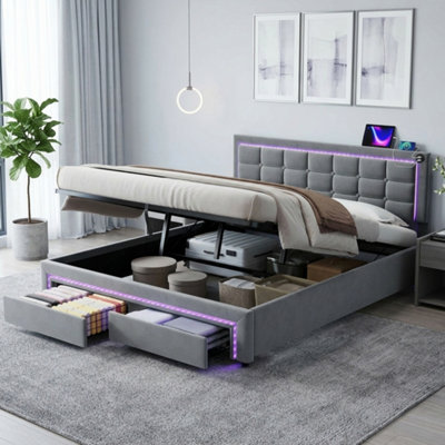 Btm 5Ft King Upholstered Bed With Hydraulic And Drawer Storage Rgb Led Button Tufted Headboard Grey No Mattress from B&Q