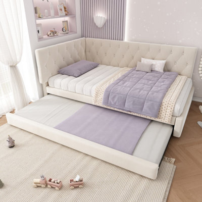 Btm 3Ft Single Daybed 90X190CmPull Out Trundle Bed For Adults   KidsOttoman Bed With Slatted FrameVelvetBeige from B&Q