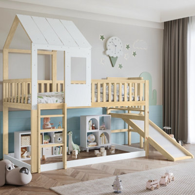 Btm High Sleeper Bed 3Ft Single 90X190Cm Wooden Bed With Slide Roof Windows Under Bed Storage Pine Mdf Plywood White Wood from B&Q