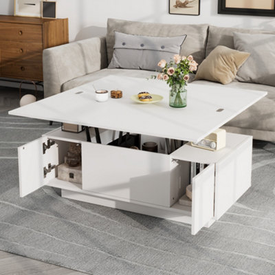 Btm Lift Up Coffee Table 100X50X55.5CmHidden Storage With 2 Doors   Lifting PlatformsWhite Wood from B&Q