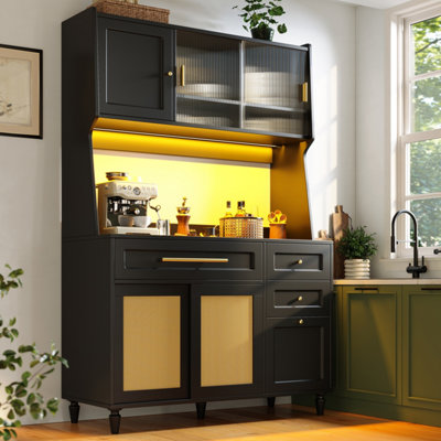 Btm Kitchen Cabinet 115X40X180CmTall Buffet Cabinet With 3 DrawersAdjustable Shelves   Led LightsPe RattanBlack from B&Q
