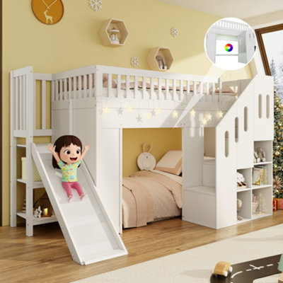 Btm 3Ft Kids Bunk Or Loft Bed 90X190Cm With GuardrailStorage Stairs And Led StripSolid WoodWhite from B&Q