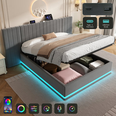 Btm 5Ft King Ottoman Bed With LedVelvet Hydraulic StorageWide Channel HeadboardUsbc PortsGrey from B&Q