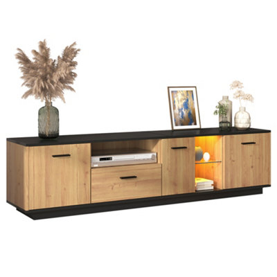 B&Q -  Tv Cabinet With Drawer3 Doors And Glass CompartmentsLowboard With Fine Texture And 16Color LedBlack Or Natural