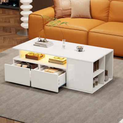 Btm High Gloss Coffee Table With LedOpen Storage And 2 DrawersModern Centre Table 100X50X35CmWhite