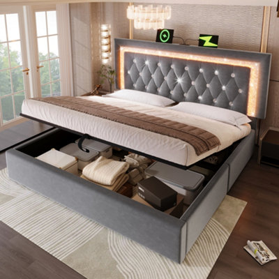 Btm 5Ft 150X200 Upholstered Bed With Led And  UsbcHydraulic StorageDiamond Tufted HeadboardVelvet Grey from B&Q