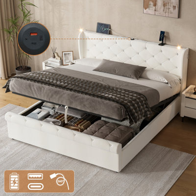 Btm 5Ft King Upholstered Bed With Hydraulic StorageDiamond Tufted HeadboardUsb & Type-CVelvet Beige from B&Q