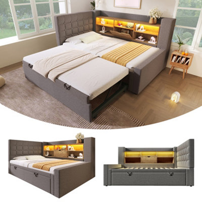 Btm 3Ft Upholstered Daybed 90X190Cm With StorageUsb & Type-CPull-Out TrundleLinen Grey from B&Q