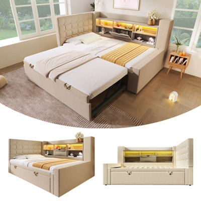 Btm 3Ft Upholstered Daybed 90X190Cm With StorageUsb & Type-CPull-Out TrundleLinen Beige from B&Q