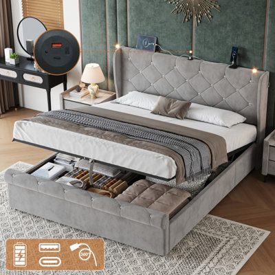 Btm 4Ft6 Double Upholstered Bed With Hydraulic StorageDiamond HeadboardUsb TypecVelvet Grey from B&Q