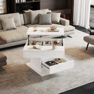 Btm 360 Rotating Lift Top Coffee TableHigh Gloss Centre Table With Drawer70X70X45CmWhite from B&Q