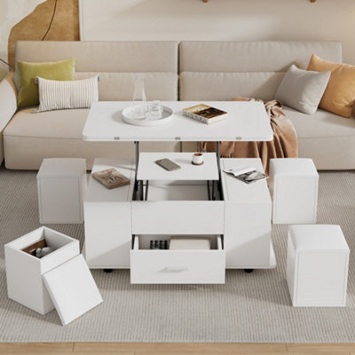 Btm Lift Top Coffee Table With WheelsConvertible Table With 4 Stools And Storage100X50X45Cm from B&Q