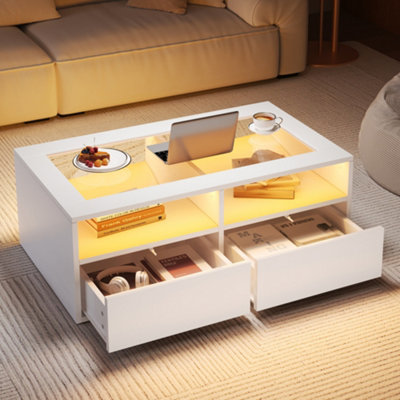 Btm Coffee Table With 2 DrawersOpen Storage And LedGlass Top Centre Table100X50X35CmWhite