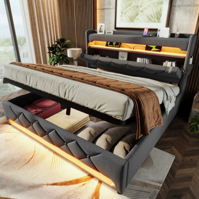 Btm 6Ft Upholstered Bed With Led And Usb Type CStorage HeadboardHydraulic LiftLinen Grey (No Mattress) from B&Q
