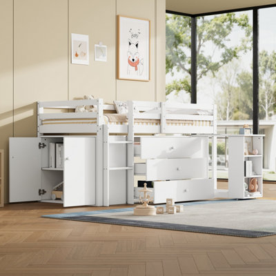 Btm 3Ft Single Wooden Cabin Bed With Pull-Out DeskDrawers And StorageSpace-Saving Loft BedWhite from B&Q