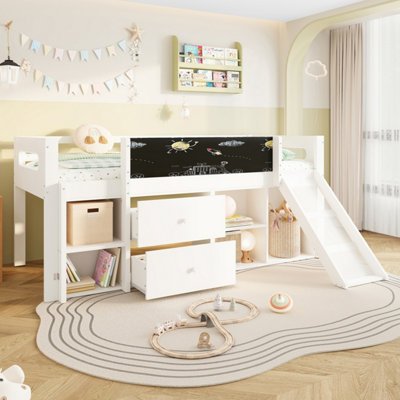 Btm 3Ft Single Wooden Cabin Bed With Slide And BlackboardKids Loft Bed With Drawers And ShelvesWhite from B&Q