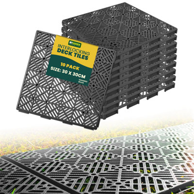 B&Q -  Interlocking Decking Tiles 30 X 30 Cm 10 Pack Garden Plastic Tiles Weather-ResistantBalcony FlooringComposite Decking Grey