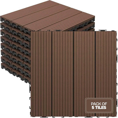 B&Q -  Garden Interlocking Decking Tiles 5 Pack 30 X 30 Cm Wood & Plastic Weather-Resistant Balcony Flooring Composite Decking Brown