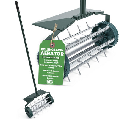 B&Q -  Rolling Lawn Aerator With Handle Manual Garden Lawn Aerator Tool Grass Spike Aerator Roller Steel Lawn Aerating Tool