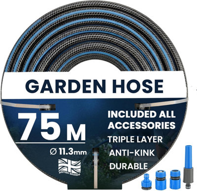 B&Q -  Garden Hose Pipe 75M Pvc Hosepipe 11.3mm Dia Durable Triple Layer Water Hose With Connectors Spray Nozzle