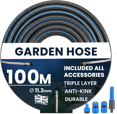 B&Q -  Garden Hose Pipe 100M Pvc Hosepipe 11.3mm Dia Durable Triple Layer Water Hose With Connectors Spray Nozzle