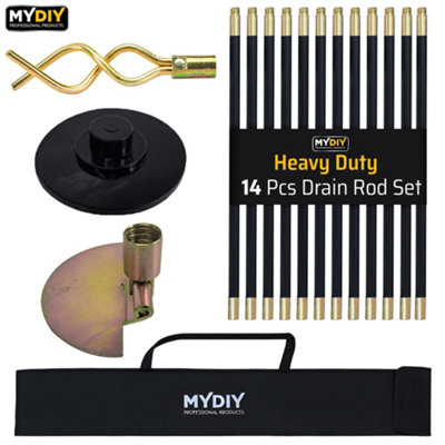 My DIY PROFESSIONAL PRODUCTS Drain Rod Set 14 Pcs Includes Easy Carry Storage Bag Plunger Double Worm Screw & Connectors Reaches Up To 9 Meters Length from B&Q