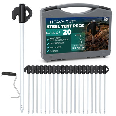 B&Q -  Tent Pegs Set Of 20 Zinc Plated Metal Ground Pegs With Peg Puller Extra Strong Camping Gazebo Pegs For Hard Ground