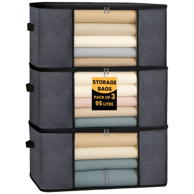 Lkh Home Collection Lkh Clothes Storage Bags Pack Of 3 Foldable Fabric Clothes Storage Boxes Dust Resistant Storage Organiser With Handles Zipper 95L B&Q