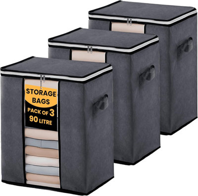 LKH Home Collection Clothes Storage Bags 90L Pack Of 3 Foldable Fabric Dust Resistant Storage Organiser With Handles Zipper For Wardrobe Use from B&Q