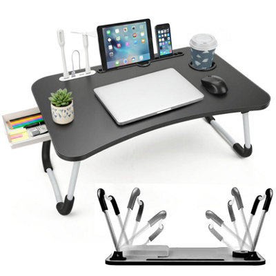 B&Q -  Foldable Laptop Bed Table With Usb Charge Port Fan Led Light Storage Drawer Cup Holder Lap Desk Laptop Stand Tray Table