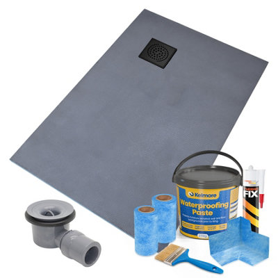 Thermopanel Corner Square Drain Wet Room Shower Tray1200 X 800 X 20mm (Right)Matte Black Spiral Grate Design And Tanking Kit from B&Q