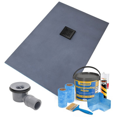 Thermopanel Offset Square Drain Wet Room Shower Tray1200 X 800 X 20mmMatte Black Sunburst Grate Design And Tanking Kit from B&Q