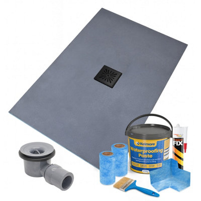 Thermopanel Centre Square Drain Wet Room Shower Tray1200 X 900 X 20mmMatte Black Sunburst Grate Design And Tanking Kit from B&Q