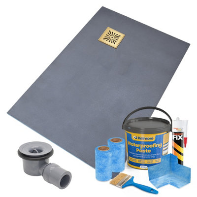 Thermopanel Corner Square Drain Wet Room Shower Tray1200 X 1000 X 20mm (Right)Gold Sunburst Grate And Tanking Kit from B&Q