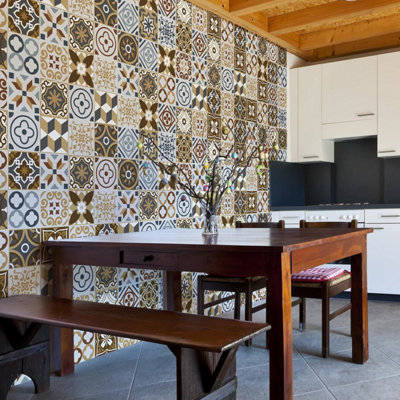 Walplus Elm Brown Azulejo Combo Mix Tile Stickers from B&Q