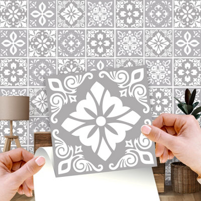 Walplus Andalu Cement Spanish Peel And Stick Wall Tiles Sticker - 24Pcs Self Adhesive Stick On Tiles For Kitchen Light/Grey