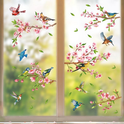 Walplus Cherry Blossom Flowers With Birds On The Branch Spring Window ClingsDouble-Sided Window Stickers For Glass66Pcs