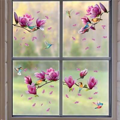 Walplus Pink Magnolia Flowers With Birds Spring Window Clings Double-Sided Flower Window Stickers For Glass88 Clings