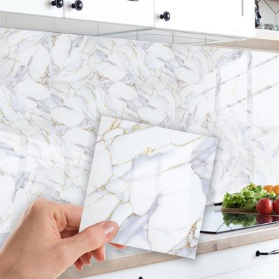 Walplus Glossy White Marble Peel And Stick Wall Tiles Sticker24Pcs Self Adhesive Stick On Tiles For Kitchen Backsplash from B&Q