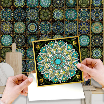 Walplus 24Pcs Green Gold Hode Moroccan Peel And Stick Wall Tiles StickerAdhesive Stick On Tiles For Backsplash 15X15 Cm from B&Q