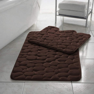 B&Q -  Stone Pebbles Bath Mat Set Non Slip Pedestal Set Extra Absorbent 100% Memory Foam Bathroom Toilet Mat Rug Set