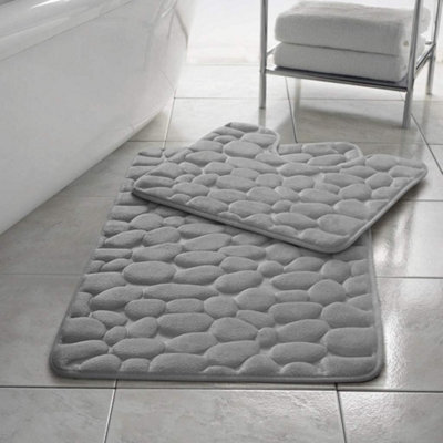 B&Q -  Stone Pebbles Bath Mat Set Non Slip Pedestal Set Extra Absorbent 100% Memory Foam Bathroom Toilet Mat Rug Set