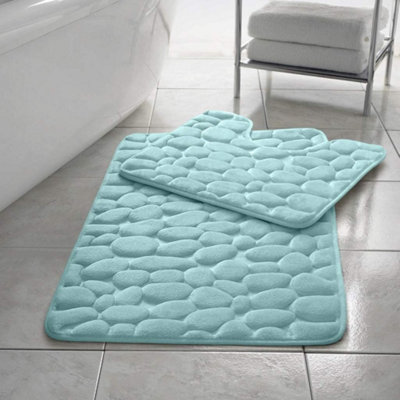 B&Q -  Stone Pebbles Bath Mat Set Non Slip Pedestal Set Extra Absorbent 100% Memory Foam Bathroom Toilet Mat Rug Set