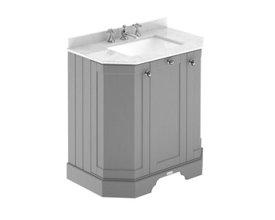 B&Q -  Floor Standing 3-Door Angled Vanity Unit With 3 Tap Hole White Marble Top & BasinStorm Grey786X470mm