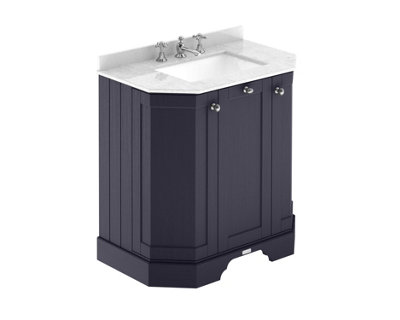 B&Q -  Floor Standing 3-Door Angled Vanity Unit With 3 Tap Hole White Marble Top & BasinTwilight Blue786X470mm